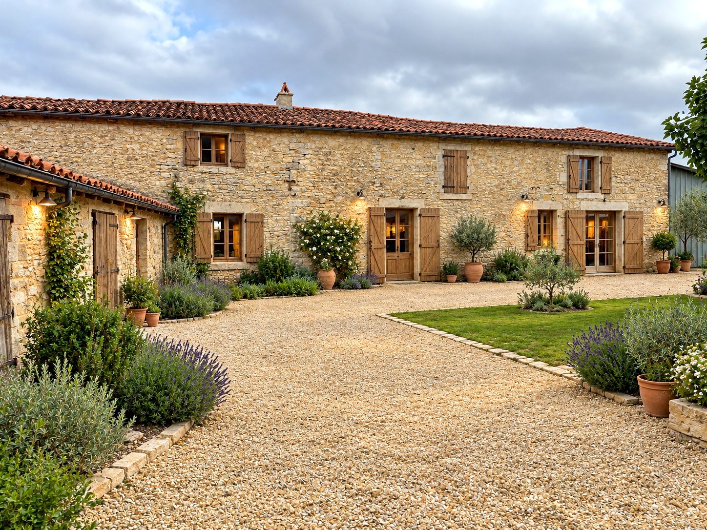 AI-generated impression of the renovated stone farmhouse and gravel courtyard, with lavender and olive trees